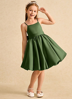 Azazie Davine Flower Girl Dresses Olive A-Line Spaghetti Strap Matte Satin Dress image4