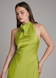 Azazie Sahara Final Sale Agave A-Line Pleated Stretch Satin Dress image7
