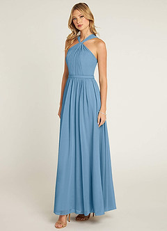 Azazie Jacey Abiti da Damigella Abito A-Line in Chiffon Plissettato Blu Acciaio image5