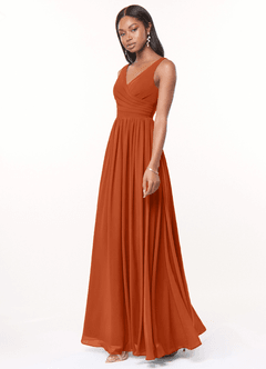 Azazie Keyla Bridesmaid Dresses Burnt Orange A-Line V-Neck Pleated Chiffon Dress image3