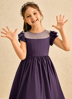 Azazie Toffee Abiti da Ragazza di Fiori Abito Stile Principessa in Raso Opaco Fiocco Prugna image6