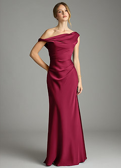 Azazie Emerson Bridesmaid Dresses Burgundy Mermaid Off the Shoulder Stretch Satin Dress image1