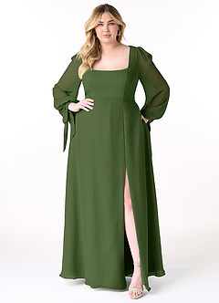 Azazie Leonia Brautjungfernkleider A-Linie Langarm Chiffon Kleid Olivgrün image11