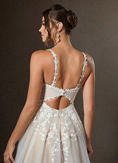 Azazie Devi Wedding Dresses Diamond White Champagne A-Line V-Neck Lace Tulle Dress image6