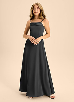Azazie Anselie Junior A-Linie Schulterfrei Stretch-Satin Kleid Schwarz image3