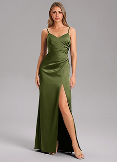 Azazie Azuree Bridesmaid Dresses Olive A-Line Pleated Stretch Satin Dress image12