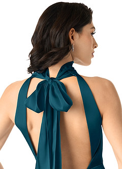 Azazie x Delaney Bridesmaid Dresses Ink Blue Sheath High Neck Stretch Satin Dress image5