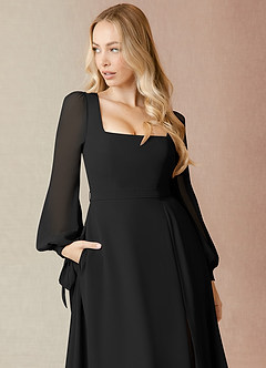 Azazie Leonia Bridesmaid Dresses Black A-Line Long Sleeve Chiffon Dress image6