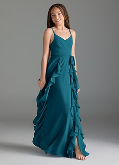Azazie Peyton Junior Ink Blue A-Line V-Neck Cascading Ruffles Chiffon Dress image3