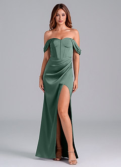 Azazie Asha Bridesmaid Dresses Eucalyptus Sheath Off the Shoulder Stretch Satin Convertible Dress image1