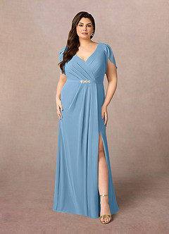 Azazie Marianne vestidos de madre de la novia Vestido de Azul Acero de Gasa de Recto con Cuello en V plisado image7