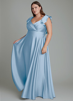 Azazie Leilani Bridesmaid Dresses Powder Blue A-Line Ruched Stretch Satin Dress image13