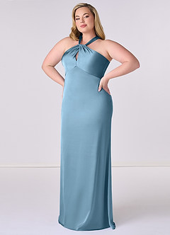 Barbie ♥ Azazie Robes de demoiselle d'honneur Robe Fourreau en Satin extensible Acier Bleuté image9