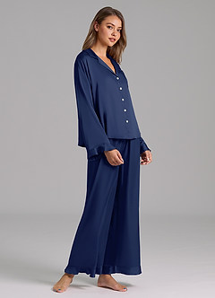 front 매칭 컬러 러플 새틴 긴팔 파자마 세트