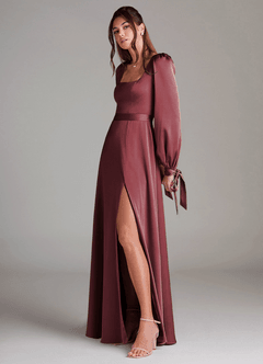 Azazie Leonia Brautjungfernkleider A-Linie Langarm Stretch-Satin Kleid Merlot image4