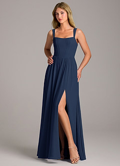 Azazie Rosaline Bridesmaid Dresses Dark Navy A-Line Side Slit Chiffon Dress image5