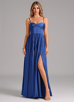 Azazie Akiko Abiti da Damigella Abito A-Line in Raso Elasticizzato Scollo a Cuore Blu Reale image1