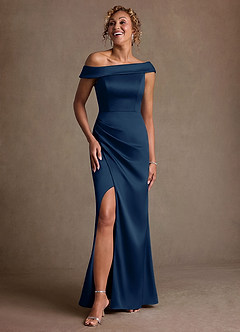 Azazie Kamala At-home Try On Dresses Dark Navy Sheath One Shoulder Stretch Satin Dress image6