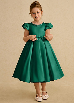 Azazie Pearl Abiti da Ragazza di Fiori Abito Principessa in Raso Opaco Plissettato Smeraldo image1