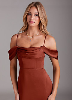 Azazie Saige Bridesmaid Dresses Terracotta Mermaid Off the Shoulder Stretch Satin Dress image2
