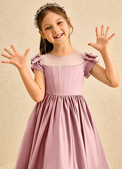 Azazie Toffee Abiti da Ragazza di Fiori Abito Stile Principessa in Raso Opaco Fiocco Rosa Polverosa image6
