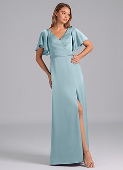 Azazie Ambrosia Robes de demoiselle d'honneur Robe Trapèze en Satin extensible Plissée Bleu Maussade image4