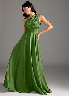 Azazie Charlize Robes de demoiselle d'honneur Robe Trapèze en Satin extensible Une épaule Basilic image5