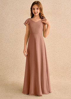 Azazie Nari Girls Formal Robe Demoiselle D'honneur Fillette Robe Trapèze en Mousseline de soie avec manches Bronze image5