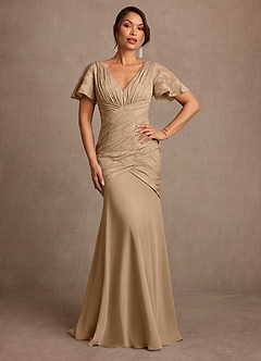 Azazie Jolene Mother of the Bride Dresses Champagne Mermaid Pleated Floral Burnout Dress image1