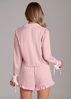 front Satin Contrast Piping Tie Sleeve Ruffle Pajama Shorts Set