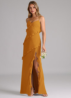 Azazie Nancie Brautjungfernkleider Meerjungfrau-Linie Gestreift Chiffon Kleid Butterscotch image3