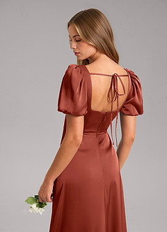 Azazie Fyona Bridesmaid Dresses Terracotta A-Line Pleated Stretch Satin Dress image7