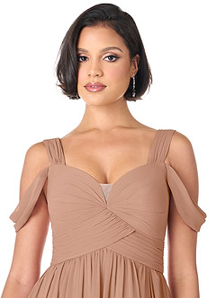 Azazie Lianne Bridesmaid Dresses Champagne Rose A-Line Off the Shoulder Chiffon Dress image5