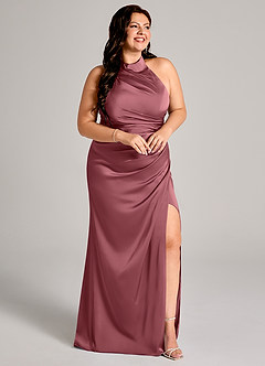 Azazie Jemma Robes de demoiselle d'honneur Robe Fourreau en Satin extensible Plissée Rose Du Désert image11
