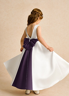 Azazie Cherry Flower Girl Dresses Ivory Plum Ball-Gown Pleated Matte Satin Dress image4