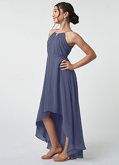 Azazie Oaklynn Junior Robe Trapèze en Mousseline de soie Plissée Bleu Orageux image4