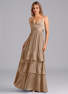 Azazie Nathalia Bridesmaid Dresses Taupe A-Line Pleated Stretch Satin Dress image5