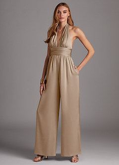Azazie Oli Robes de demoiselle d'honneur Combinaison en Satin extensible Plissée Taupe image4