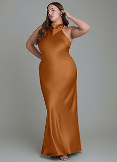 Azazie Velli Bridesmaid Dresses Copper Sheath High Neck Metallic Satin Dress image10