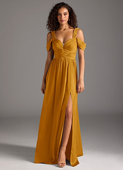 Azazie Lianne Bridesmaid Dresses Butterscotch A-Line Off the Shoulder Stretch Satin Dress image8