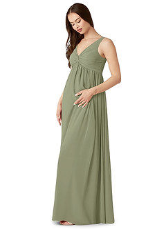 Azazie Yetta At-home Try On Dresses A-Line V-Neck Gathered Chiffon Floor-Length Dress image4