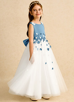 Azazie Eleni Flower Girl Dresses Ivory Steel Blue Ball-Gown Bow Tulle Dress image5
