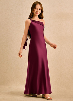 Azazie Almond Girls Formal Flower Girl Dresses Burgundy Sheath One Shoulder Stretch Satin Dress image5