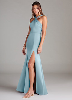 Azazie Rue Bridesmaid Dresses Moody Blue A-Line Pleated Stretch Satin Dress image5