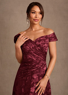 Azazie Bernadette Vestidos para mãe da noiva Vestido Cabernet de Esgotamento Floral de Linha A com Fora do ombro image6