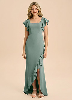 Azazie Demi Junior Silver Sage Mermaid Bow Stretch Satin Dress image3