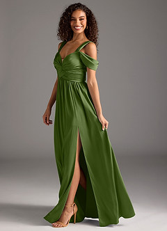 Azazie Lianne Bridesmaid Dresses Juniper A-Line Off the Shoulder Stretch Satin Dress image7