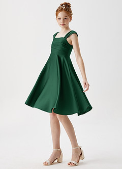 Azazie Amira Junior Dark Green A-Line Pleated Stretch Satin Dress image4