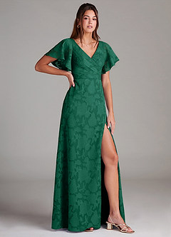 Azazie Ambrosia Bridesmaid Dresses Emerald A-Line Pleated Floral Burnout Dress image3