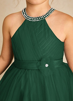 Azazie Honey Flower Girl Dresses Dark Green A-Line Beaded Matte Satin Dress image6